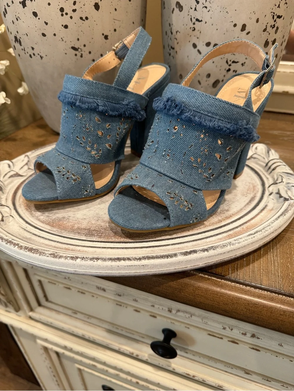 Denim Block Heel Sandals - Blue